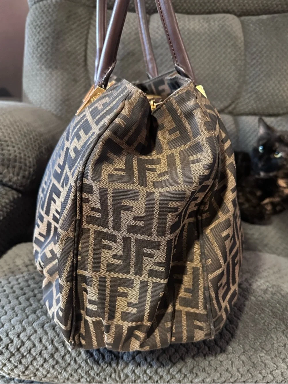 Fendi Brown Zucca Pattern Shoulder Bag with Logo Plaque